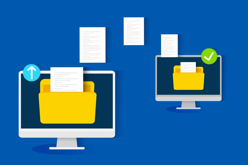 Illustratie van documenten die digitaal van de ene naar de andere computer worden overgezet