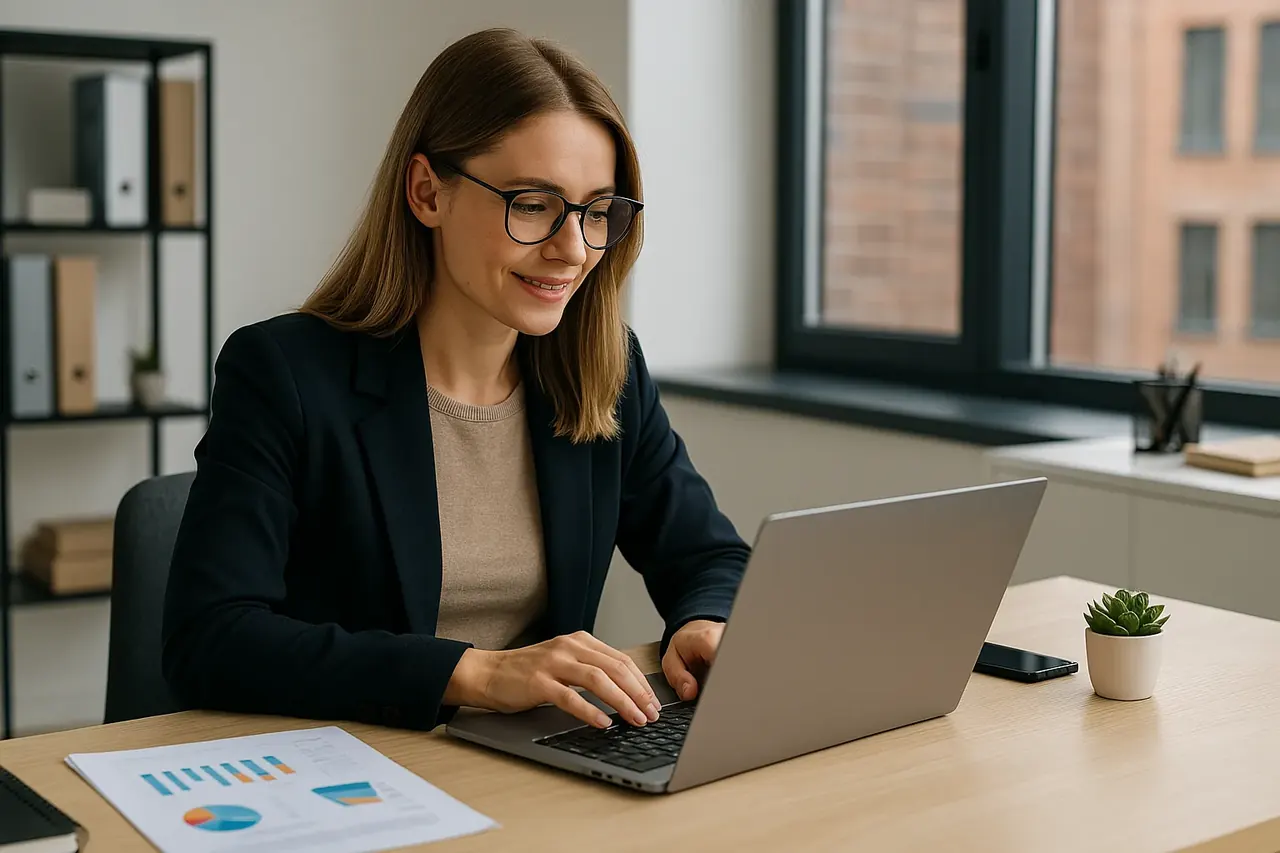 Boekhouder werkt met een glimlach aan de administratie achter haar laptop