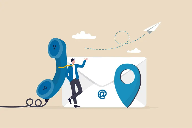 Illustratie van een telefoon, een envelop en een locatie-icoon